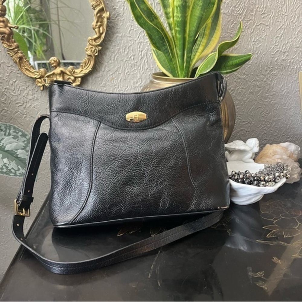 Vintage 80s Black Leather Shoulder Bag by Etienne Aigner Gold Hardwear